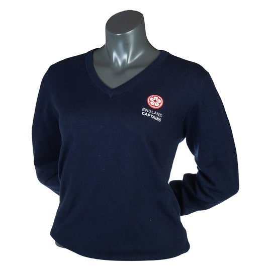 England Captains Womens FJ, Wool Blend V-Neck Pullover. Navy