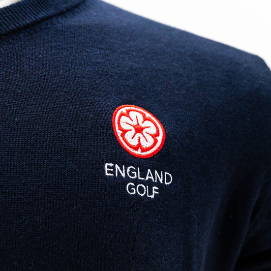 England Golf FJ Wool Blend V-Neck Pullover. Navy