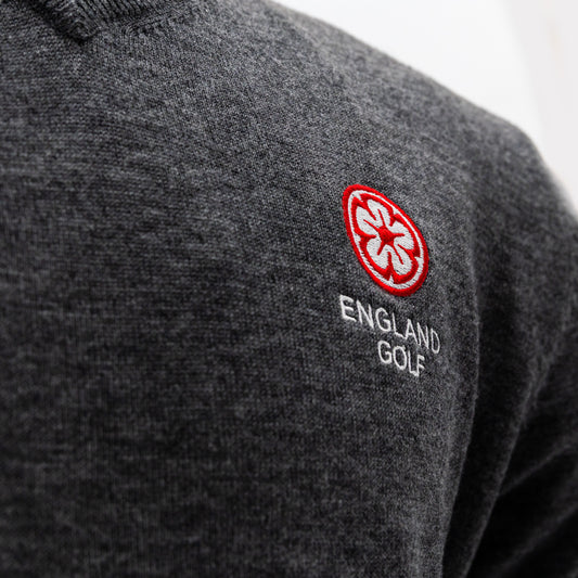 England Golf FJ Wool Blend V-Neck Pullover. Heather Charcoal