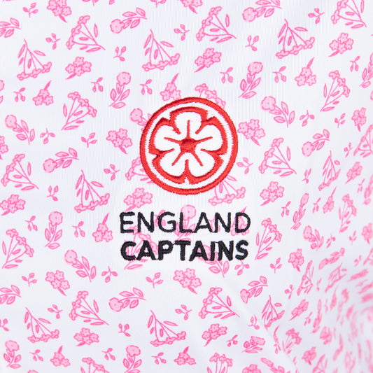 England Captains Womens FJ Polo Floral Print Lisle. White/Pink