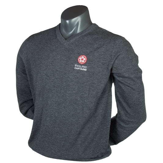 England Captains FJ Wool Blend V-Neck Pullover. Charcoal