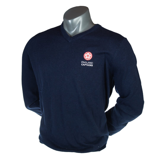 England Captains FJ Wool Blend V-Neck Pullover. Navy