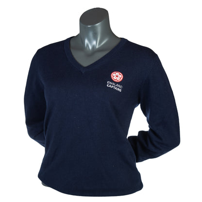 England Captains Womens FJ, Wool Blend V-Neck Pullover. Navy