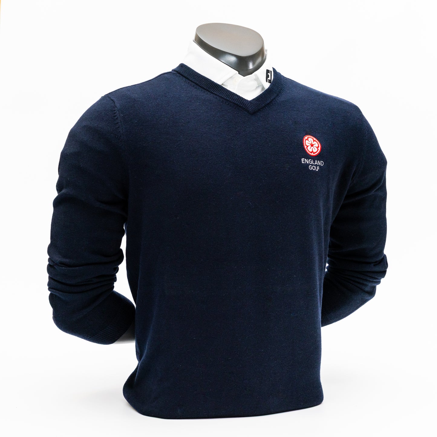 England Golf FJ Wool Blend V-Neck Pullover. Navy