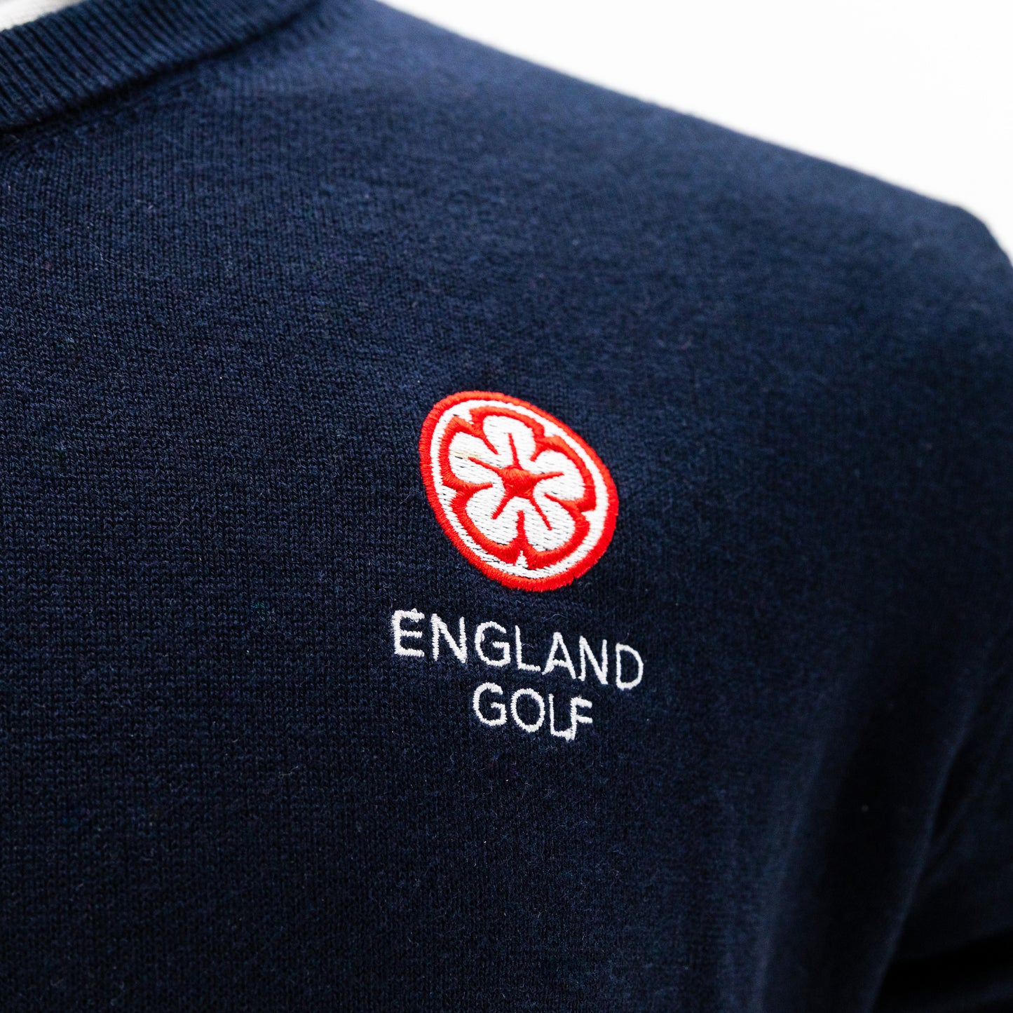 England Golf FJ Wool Blend V-Neck Pullover. Navy