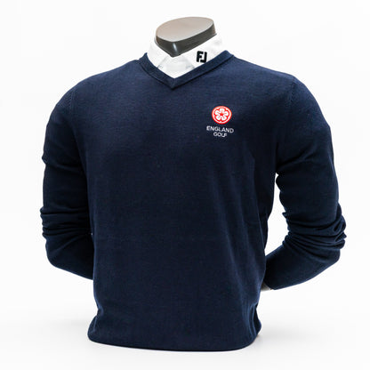 England Golf FJ Wool Blend V-Neck Pullover. Navy