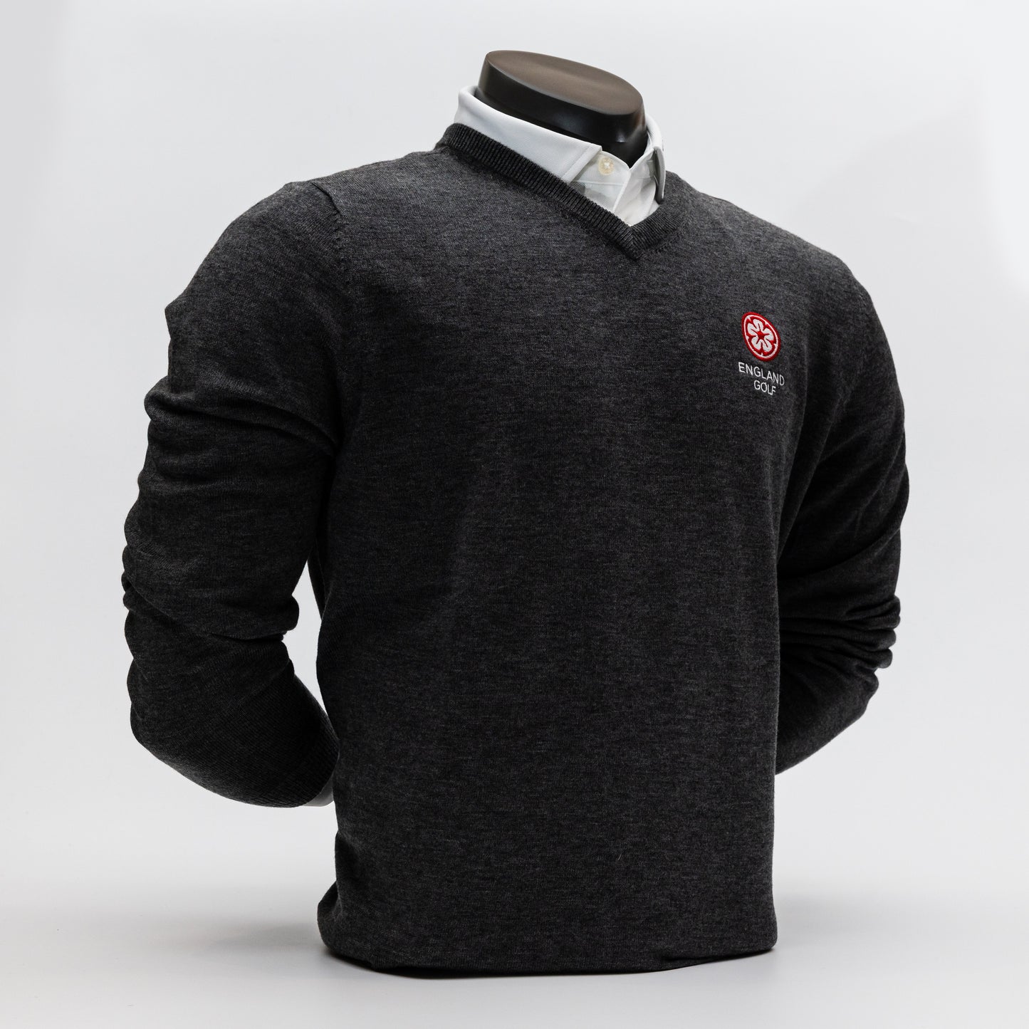England Golf FJ Wool Blend V-Neck Pullover. Heather Charcoal