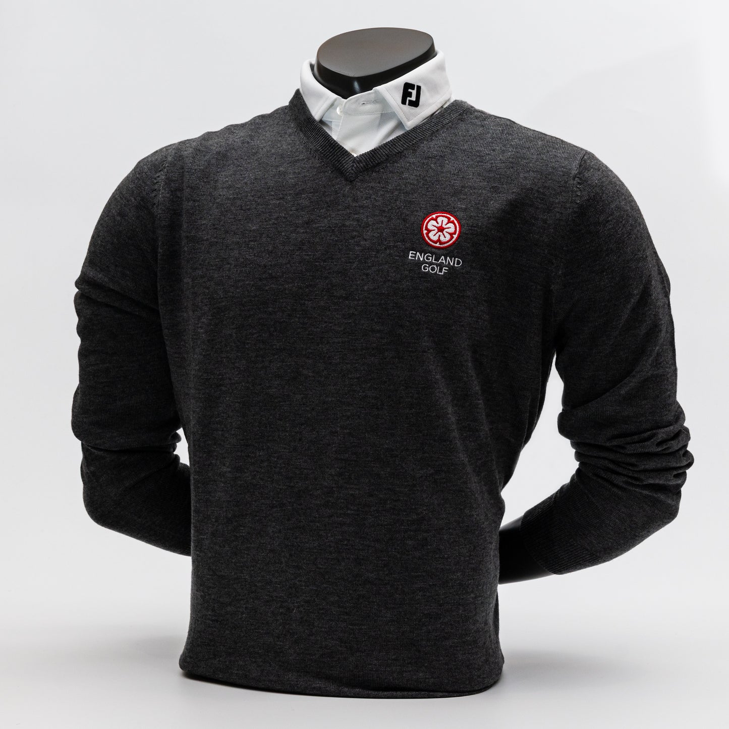 England Golf FJ Wool Blend V-Neck Pullover. Heather Charcoal