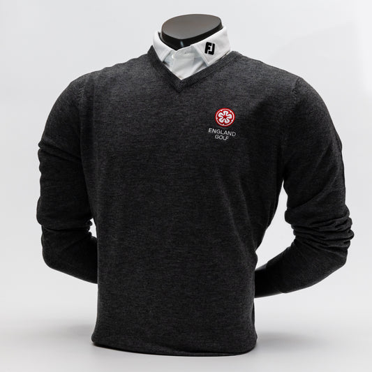 England Golf FJ Wool Blend V-Neck Pullover. Heather Charcoal