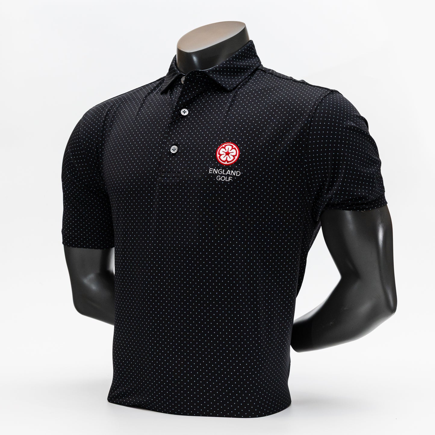 England Golf FJ ProDry Polo. Dot Print. Black / Charcoal