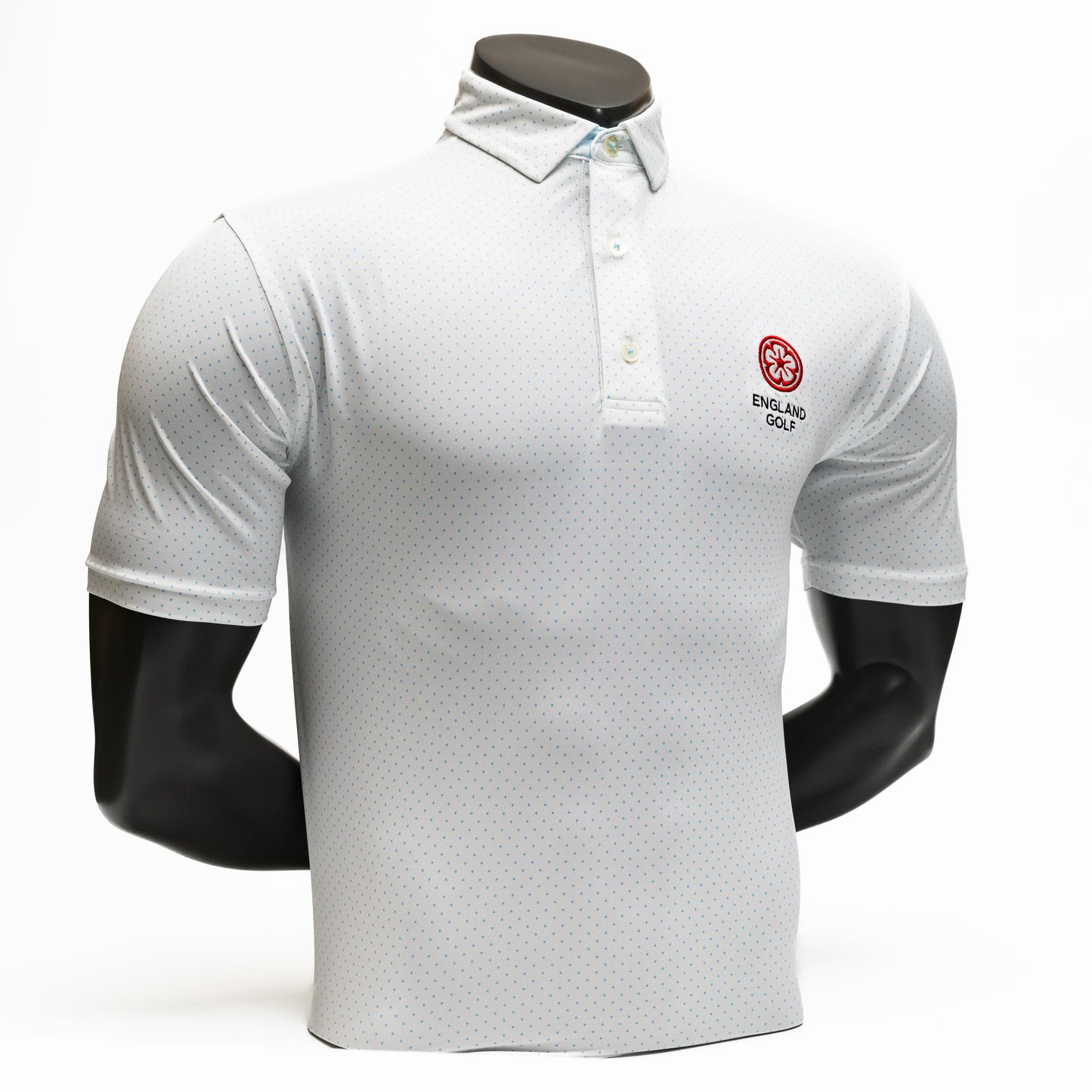England Golf FJ ProDry Polo. Dot Print. White / Light Blue