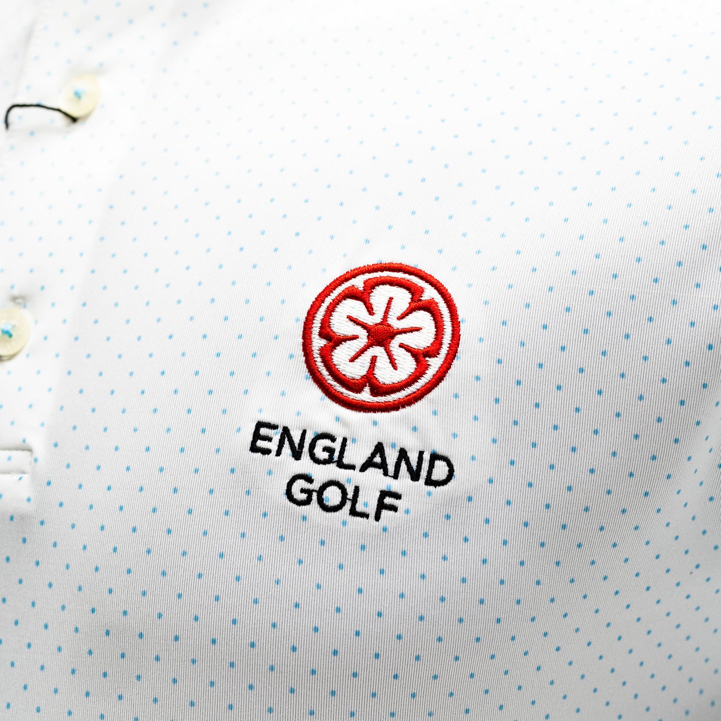 England Golf FJ ProDry Polo. Dot Print. White / Light Blue