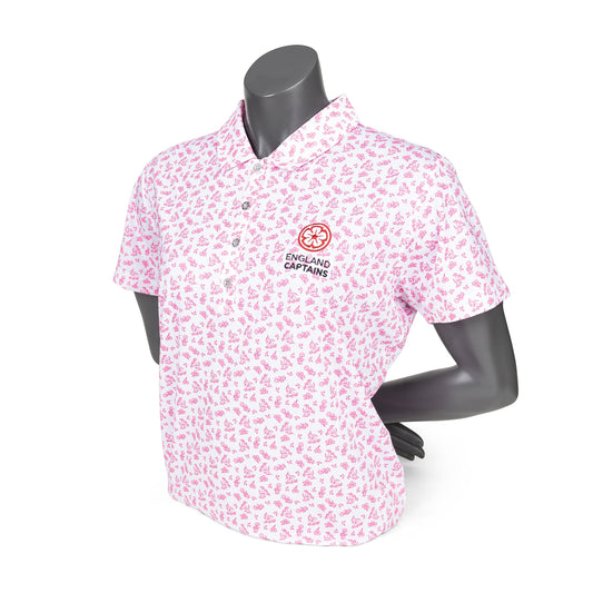 England Captains Womens FJ Polo Floral Print Lisle. White/Pink
